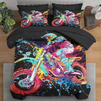 Comforter Set Queen Size, Motocross Race Bike 7 Pcs Bedding for Kids and Adults, Colorful Dirt Adventure Bed Sheet Sets with Fitted Sheet 2 Pillowcases & 2 Shams for Bedroom Bed...