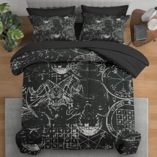 Comforter Set Queen Size, Pentagram Retro 7 Pcs Bedding for Kids and Adults, Halloween Vintage Bed Sheet Sets with Fitted Sheet 2 Pillowcases & 2 Shams for Bedroom Bed Decor