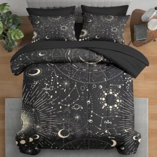 Comforter Set Queen Size, Sun Moon Astrology 7 Pcs Bedding for Kids and Adults, Space Science Galaxy Retro Bed Sheet Sets with Fitted Sheet 2 Pillowcases & 2 Shams for Bedroom...