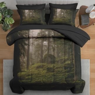 Comforter Set Queen Size, Tree Forest 7 Pcs Bedding for Kids and Adults, Mystic Mountain Plant Leaf Bed Sheet Sets with Fitted Sheet 2 Pillowcases & 2 Shams for Bedroom Bed Decor