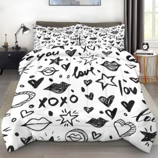 Comforter Set Twin Size, Black White Love Cute Soft 2 Pcs Bedding for Kids and Adults, Valentines Day Watercolor Comforter Set with Pillowcase, for Bedroom Bed Decor