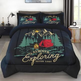 Comforter Set Twin Size, College Camping Vintage Soft 2 Pcs Bedding for Kids and Adults, Adventure Tree Camp Comforter Set with Pillowcase, for Bedroom Bed Decor