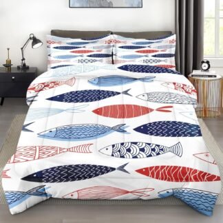 Comforter Set Twin Size, Fish Blue Summer Soft 2 Pcs Bedding for Kids and Adults, Red Sea Cute Comforter Set with Pillowcase, for Bedroom Bed Decor