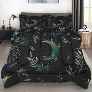 Comforter Set Twin Size, Green Boho Space Soft 2 Pcs Bedding for Kids and Adults, Herbs Witch Floral Comforter Set with Pillowcase, for Bedroom Bed Decor