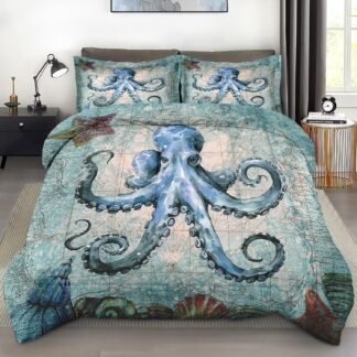 Comforter Set Twin Size, Octopus Underwater Sea Soft 2 Pcs Bedding for Kids and Adults, Sea Shell Underwater Seashell Comforter Set with Pillowcase, for Bedroom Bed Decor