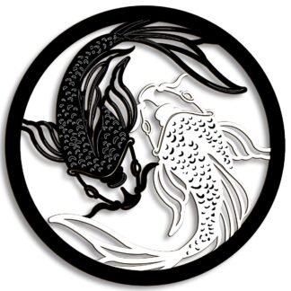 Creoate Koi Fish Wooden Wall Art, Black and White Yin Yang Themed Zen Decor for Yoga Room Bathroom Living Room Farmhouse, 12x12 inches