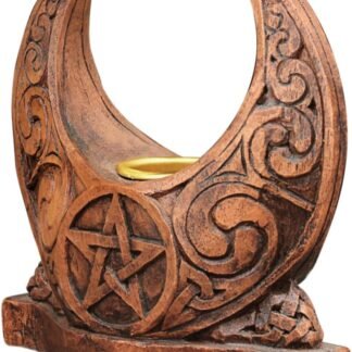 Crescent Moon Candle Holder Pentacle Wiccan Pagan Home Decor - Wood Finish