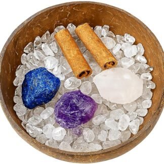 Crystal Cleansing Set with Coconut Bowl – Natural White Quartz Raw Stone, Crystal Chips & Cinnamon Sticks for Meditation, Energy Healing, and Spiritual Rituals