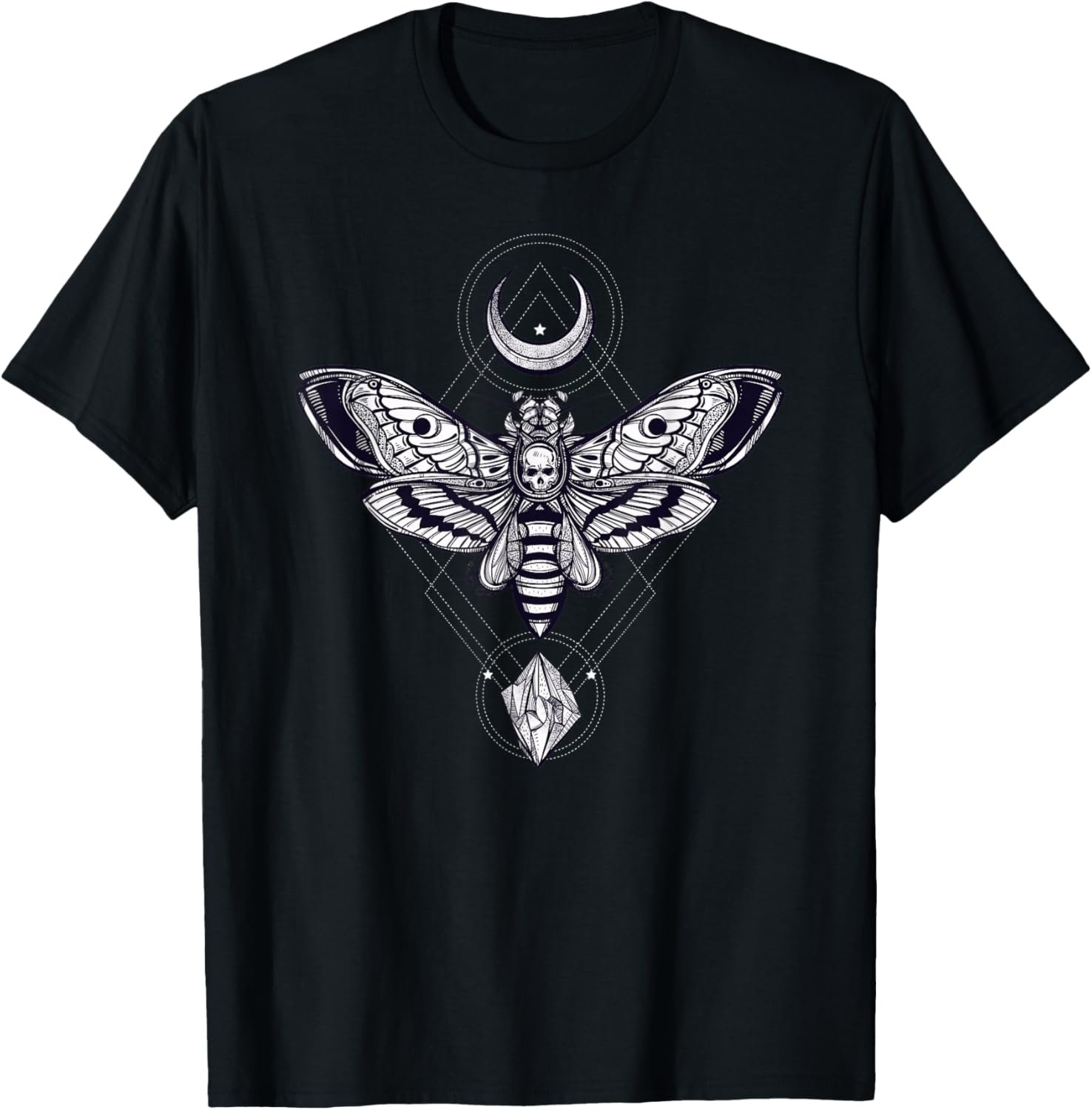 Crystal Moon and Death Moth Tshirt - Mystic Pagan Skeleton T-Shirt - lunas-mystic-emporium.com Crystal Moon and Death Moth Tshirt - Mystic Pagan Skeleton T-Shirt