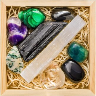 CRYSTALYA Protection Crystals and Healing Stones,100% Authentic, Wooden Gift Box + 50pg EBOOK- Obsidian, Fluorite, Malachite, Hematite, Amethyst, Selenite, Tourmaline + Info...