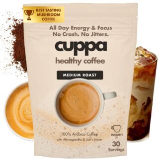 Cuppa Healthy Mushroom Insant Coffee with Lion's Mane & Ashwagandha for All Day Energy & Focus - No Crash or Jitters - Nootropics for Brain Health, Gut Health, Immunity, Stress,...