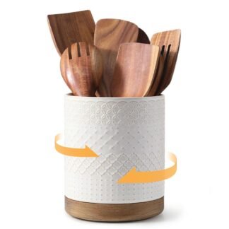 DOWAN 360° Rotating Extra Large Cooking Utensil Holder, 7.6" Kitchen Utensil Holder for Countertop, Utensil Crock for Farmhouse Kitchen Decor, Ceramic Stable Utensil Caddy,...