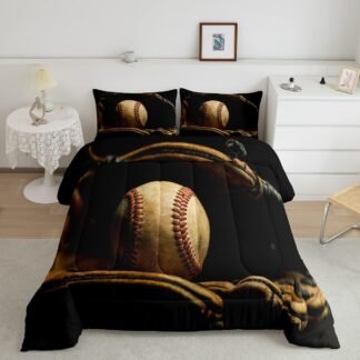Erosebridal Baseball Comforter Set Full Size Sports Game Bedding Baseball Player Duvet Insert for Kids Boys Teens Retro Style Quilt for Room Dorm Decorative, Brown Down Comforter