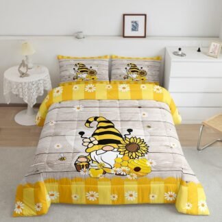 Erosebridal Bee Gnome Comforter Set Full, Sunflower Daisy Floral Bedding Set for Kids Boys Girls, Honeycomb Honey Can Duvet Set Home Room Decor, Yellow Farm Cartoon Soft Down...