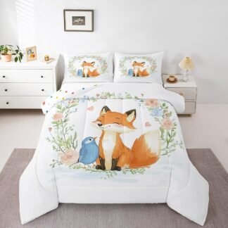 Erosebridal Kids Fox Comforter Set Queen Boys Girls Cute Woodland Animal Print Bedding Set Rose Flower Comforter Tree Branch Botanical Duvet Quilts,Watercolor Lovely Bird...