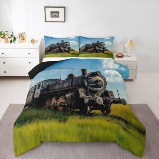 Erosebridal Train Comforter Sets Queen Size Retro Steam Engine Bedding Set for Kids Boys Teens,Railway Track Transport Duvet Sets,Green Grass Blue Sky Down Comforter with 2...