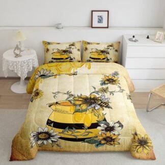 Erosebridal Yellow Bee Bedding Set,Sweet Honey Can Comforter Set for Teens Adult Women,Gerbera Floral Duvet Set 3Pcs with 2 Pillow Cases,Vintage Cartoon Microfiber Down...