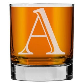 Etched Monogram 11oz Whiskey Rocks Glass (Letter A), A-Z Customized Bourbon Gifts for Men, Father’s Day, Personalized Old Fashioned Scotch Glass, Custom Engraved Gifts for Him,...