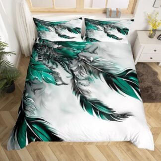 Feather Comforter Cover White Twin Western Colorful Feather Decor Bedding Set Bird Peacock Feather Pattern Printed Duvet Cover Quilt Cover for Adult Teen Boys and Girls...