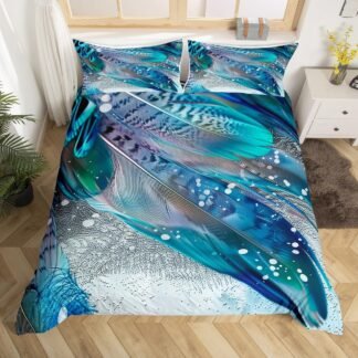 Feather Duvet Cover Kid Queen Western Colorful Feather Decor Bedding Set Bird Peacock Feather Pattern Printed on White Comforter Quilt Cover for Adult Teen Boys and Girls...