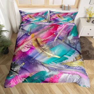 Feather Duvet Cover Kid Queen Western Colorful Feather Decor Bedding Set Bird Peacock Feather Pattern Printed on White Comforter Quilt Cover for Adult Teen Boys and Girls...