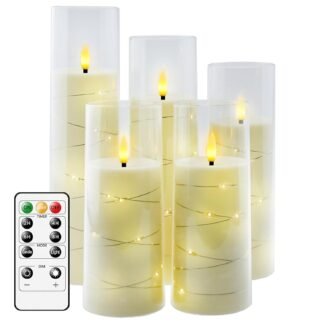 Flameless LED Candles with Timer 5 Pc Flickering Flameless Candles for Romantic Ambiance and Home Decoration Stable Acrylic Shell,with Embedded Star String，Battery Operated...