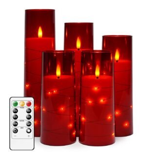 Flameless LED Candles with Timer 5 Pc Flickering Flameless Candles for Romantic Ambiance and Home Decoration Stable Acrylic Shell,with Embedded Star String，Battery Operated...
