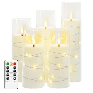 Flameless LED Candles with Timer 5 Pc Flickering Flameless Candles for Romantic Ambiance and Home Decoration Stable Acrylic Shell,with Embedded Star String，Battery Operated...