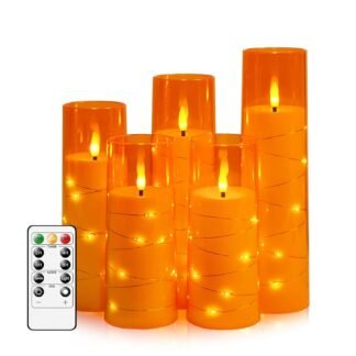 Flameless LED Candles with Timer 5 Pc Flickering Flameless Candles for Romantic Ambiance and Home Decoration Stable Acrylic Shell,with Embedded Star String,Battery Operated...