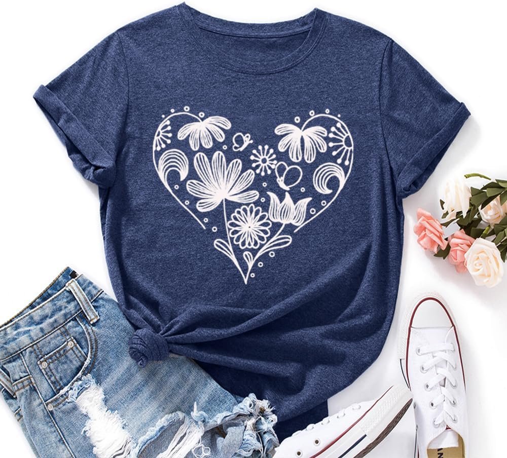 Flower Tshirts Shirts for Women Cute Dandelion Tshirt Casual Short Sleeve Wildflower Floral Heart Print Graphic Tee Tops - lunas-mystic-emporium.com Flower Tshirts Shirts for Women Cute Dandelion Tshirt Casual Short Sleeve Wildflower Floral Heart Print Graphic Tee Tops