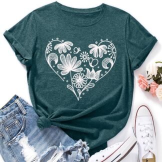 Flower Tshirts Shirts for Women Cute Dandelion Tshirt Casual Short Sleeve Wildflower Floral Heart Print Graphic Tee Tops