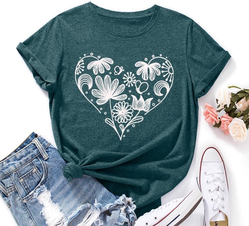 Flower Tshirts Shirts for Women Cute Dandelion Tshirt Casual Short Sleeve Wildflower Floral Heart Print Graphic Tee Tops - lunas-mystic-emporium.com Flower Tshirts Shirts for Women Cute Dandelion Tshirt Casual Short Sleeve Wildflower Floral Heart Print Graphic Tee Tops