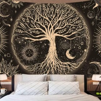 FORATER Tree of Life Tapestry Wall Hanging Sun Moon Stars Tapestries Aesthetic Galaxy Wall Tapestry Nature Home Decoration for Living Room Bedroom(53 x 61 Inch, Black and Gold)