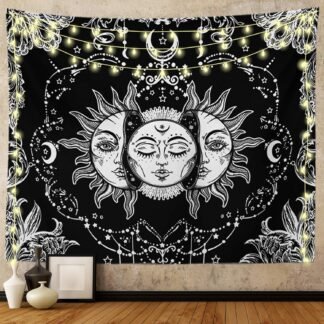 Ftuency Sun and Moon Tapestry, Black and White Tapestries Mystic Burning Sun with Star Wall Hanging decor for Bedroom (59" W x 51" L)