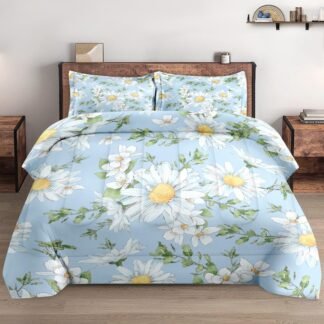 Full Size Comforter Set with 2 Pillowcases, Spring Summer Botanical Wildflower Daisy Flower Green Floral Soft 3 Pcs Bedding for Kids and Adults Bedroom Bed Decor