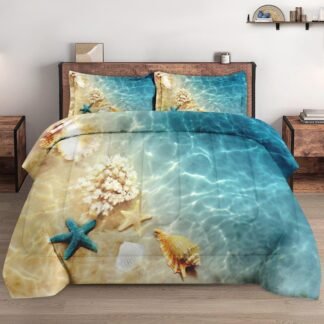Full Size Comforter Set with 2 Pillowcases, Summer Animal Seashell Beach Sea 3 Pcs Soft Bedding for Kids and Adults Bedroom Bed Decor