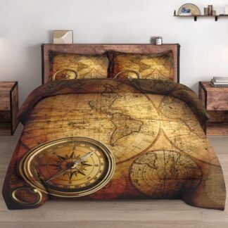 Full Size Comforter Set with 2 Pillowcases, Vintage Retro World Map Compass Soft 3 Pcs Bedding for Kids and Adults Bedroom Bed Decor