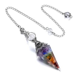 GEHECRST Natural 7 Chakra Healing Crystal Dowsing Pendulum Reiki Gemstone Chips Orgone Pendulum 6 Faceted Hexagonal Pointed Resin Spiritual Pendant for Divination, Wicca, Energy...