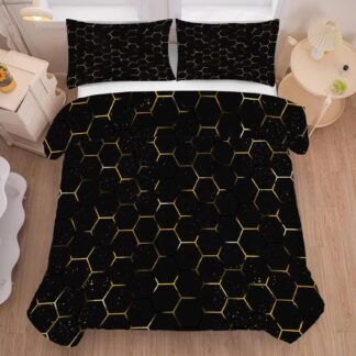 Geometric Comforter Set Twin Size Black and Gold Honeycomb Bedding for Kids Girls Boys Bedroom Decor Quilt Bed Sets, 1 Comforter 1 Pillowcase