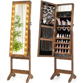 Giantex Standing Jewelry Armoire with Lighted Full Length Mirror, Lockable Jewelry Cabinet Organizer with 20 LED Lights, Adjustable Tilt, Large Storage for Earrings, Rings,...
