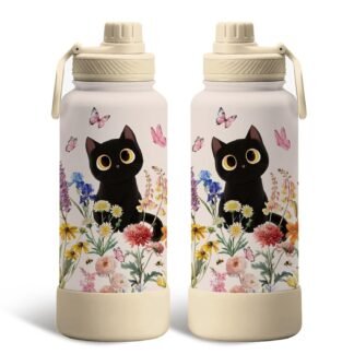 Gift for Cat Lovers - 34oz Black Cat Water Bottle for Girls, Cats Flower Tumbler with Lid, Leak-Proof, Double Wall Travel Mug for Women, Cute Water Bottle for Cats Lover...