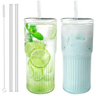 Glass Cups with Lids and Glass Straws, High Borosilicate 20OZ Tumblers (2Pcs) for Coffee, Tea, Juice, Smoothies, Hot/Cold Drinks at Home, Office(Creative Drink Label Design)