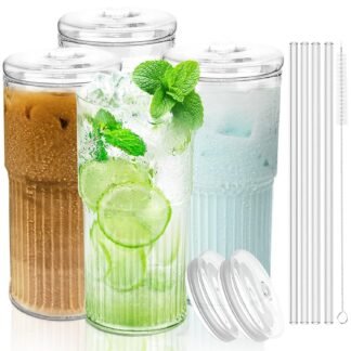 Glass Cups with Lids and Glass Straws, High Borosilicate 20OZ Tumblers (4Pcs) for Coffee, Tea, Juice, Smoothies, Hot/Cold Drinks at Home, Office