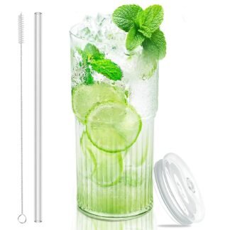 Glass Cups with Lids and Glass Straws, High Borosilicate 20OZ Tumblers for Coffee, Tea, Juice, Smoothies, Hot/Cold Drinks at Home, Office