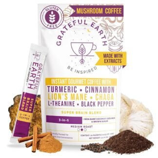 Grateful Earth Mushroom Coffee, Coconut Instant Coffee with Lion’s Mane Mushrooms, Chaga, Turmeric, L-Theanine, Cinnamon, Super Brain Blend For Energy & Immune Support, Dairy &...