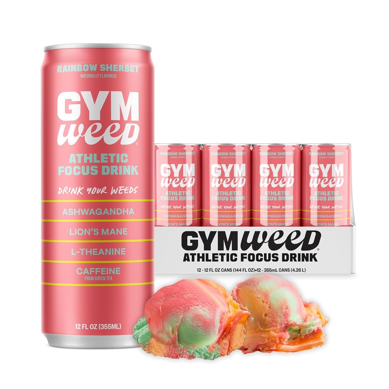 GYM WEED Athletic Focus Drink with KSM-66 Ashwagandha Lions Mane Mushroom L-Theanine 200mg Green Tea Caffeine with Natural Sweeteners Rainbow Sherbet Flavor 12 Pack - lunas-mystic-emporium.com GYM WEED Athletic Focus Drink with KSM-66 Ashwagandha, Lion's Mane Mushroom, L-Theanine, 200mg Green Tea Caffeine with Natural Sweeteners Rainbow Sherbet Flavor, 12 Pack