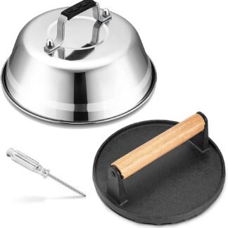 HaSteeL Melting Dome & Grill Press for Griddle, Stainless Steel 9In Basting Cover & Heavy Duty 7In Wooden Burger Press, Griddle Accessories Kit Great for Flat Top Teppanyaki...