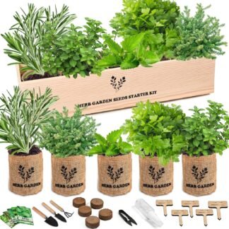 Indoor Herb Garden Starter Kit, 5 Seeds Growing into Basil, Parsley, Rosemary, Thyme, Mint, Including A Wooden Box, Soil Discs & Planters with A Gift Box, Ideal Christmas Gifts...