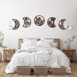 Jetec 5 Pcs Moon Phase Wall Hanging Decor Art Above Bed 10.6" H Boho Moon Phase Wood Wall Pediment Ornament for Living Room Bedroom Home Decoration Room Apartment Bar(Brown)