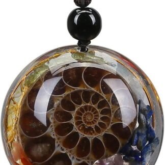 Jovivi 7 Chakra Gemstone Reki Healing Crystal Necklace Round Circle Shape Ammonite Fossil Resin Chip Stones Pendant Necklace for Women Men Life Tree Jewelry Christmas Gifts